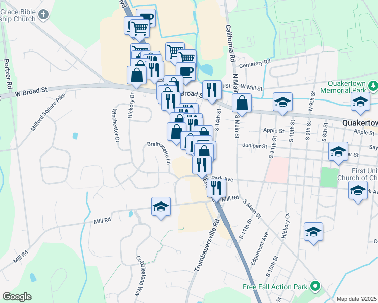 map of restaurants, bars, coffee shops, grocery stores, and more near 110 South West End Boulevard in Quakertown
