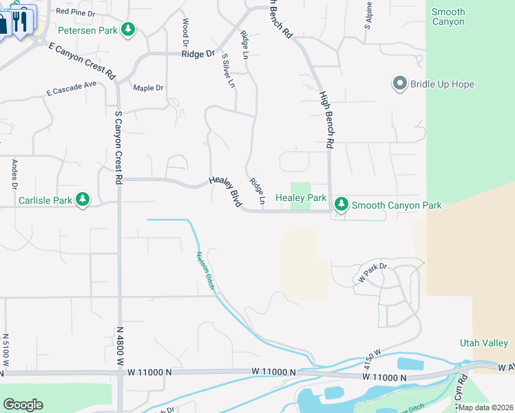 map of restaurants, bars, coffee shops, grocery stores, and more near 725 Healey Blvd in Alpine