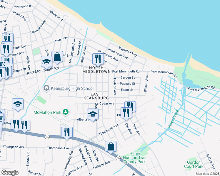 map of restaurants, bars, coffee shops, grocery stores, and more near 47 Shoreland Terrace in Middletown Township