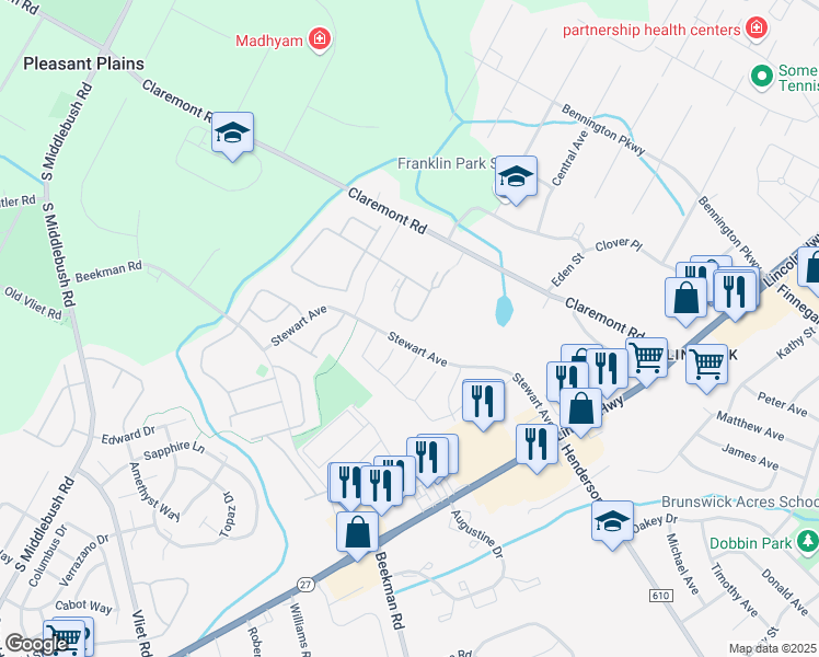 map of restaurants, bars, coffee shops, grocery stores, and more near 43 Crabapple Lane in Franklin Township