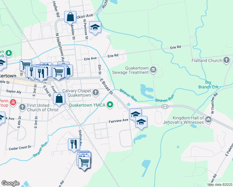 map of restaurants, bars, coffee shops, grocery stores, and more near 609 East Broad Street in Quakertown