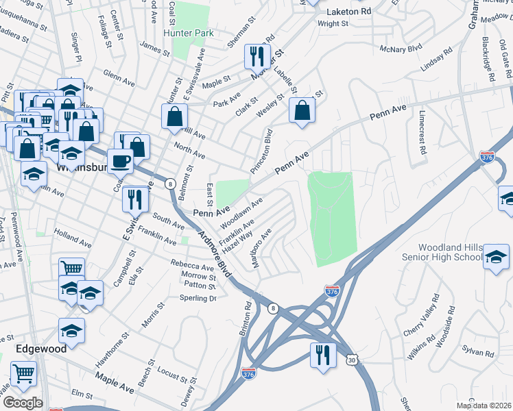 map of restaurants, bars, coffee shops, grocery stores, and more near 1349 Woodlawn Avenue in Pittsburgh