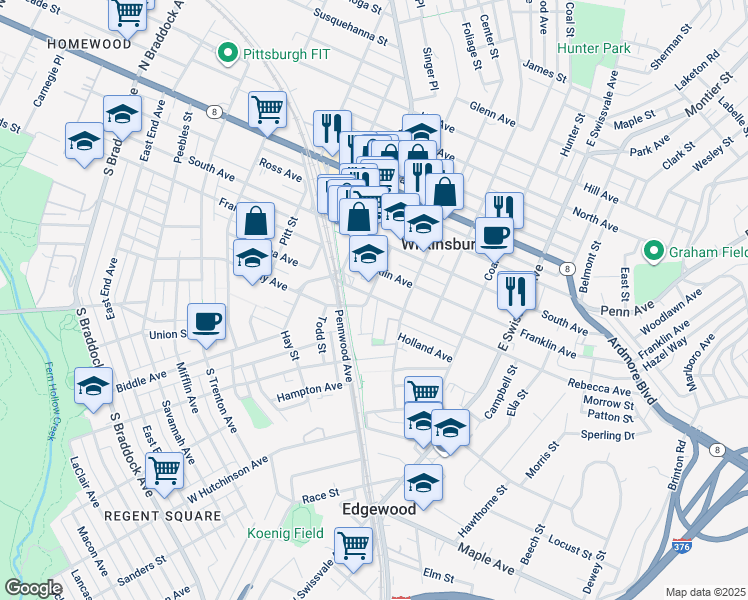 map of restaurants, bars, coffee shops, grocery stores, and more near 728 Rebecca Avenue in Pittsburgh