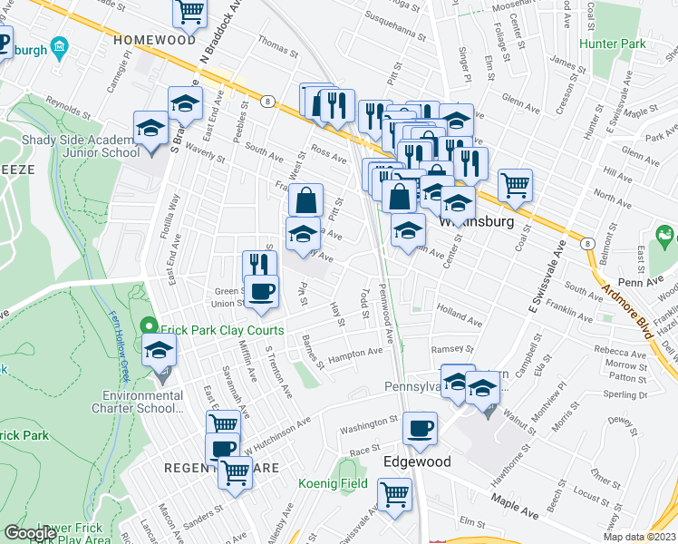 map of restaurants, bars, coffee shops, grocery stores, and more near 530 Kelly Avenue in Pittsburgh