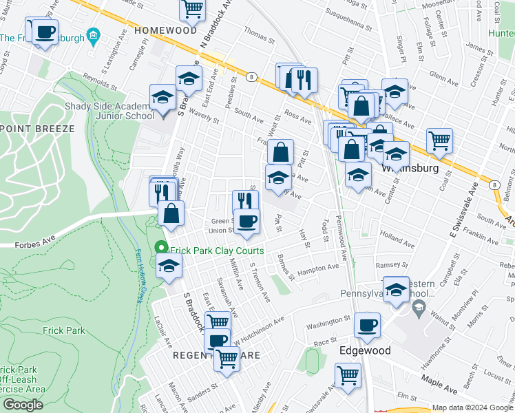 map of restaurants, bars, coffee shops, grocery stores, and more near 329 West Street in Pittsburgh