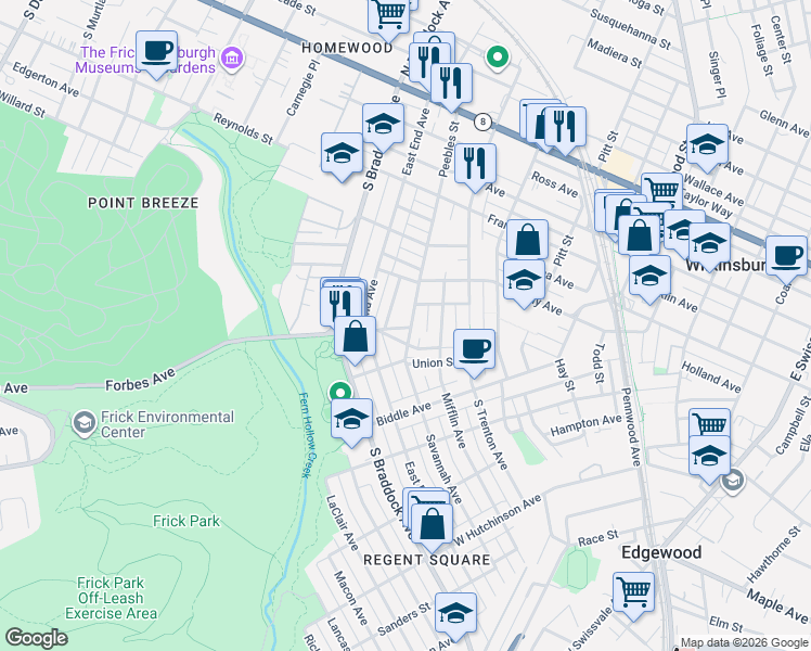 map of restaurants, bars, coffee shops, grocery stores, and more near 545 Peebles Street in Pittsburgh