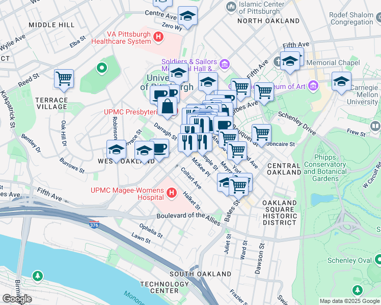 map of restaurants, bars, coffee shops, grocery stores, and more near 228 Semple Street in Pittsburgh