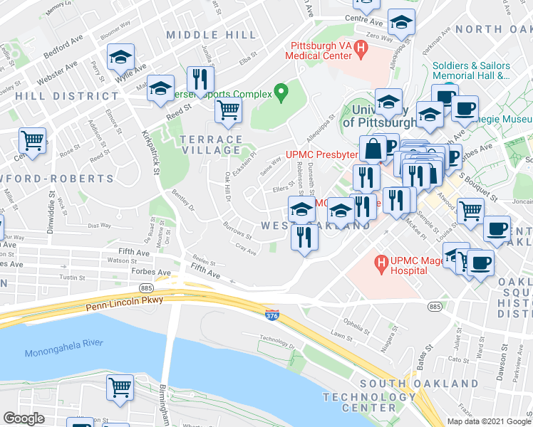 map of restaurants, bars, coffee shops, grocery stores, and more near 3070 Terrace Street in Pittsburgh