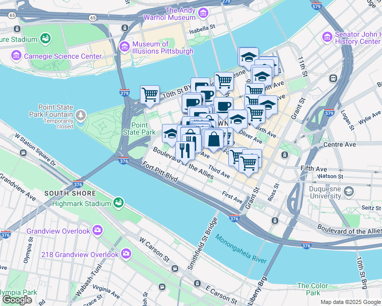 map of restaurants, bars, coffee shops, grocery stores, and more near in Pittsburgh