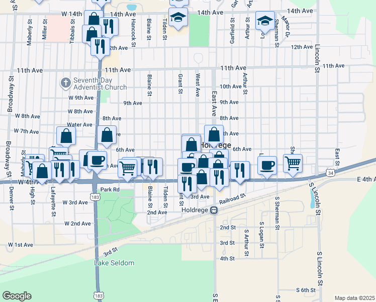map of restaurants, bars, coffee shops, grocery stores, and more near 649-695 6th Avenue in Holdrege