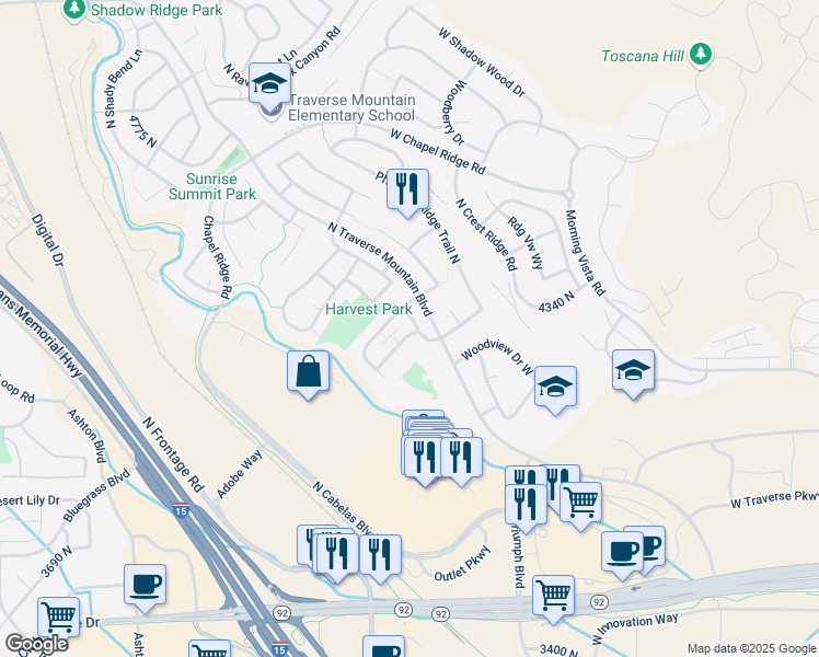 map of restaurants, bars, coffee shops, grocery stores, and more near 2185 Crestview Drive in Lehi