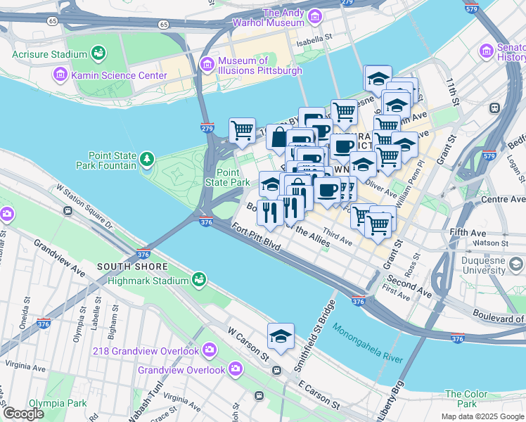 map of restaurants, bars, coffee shops, grocery stores, and more near 67 Boulevard of the Allies in Pittsburgh