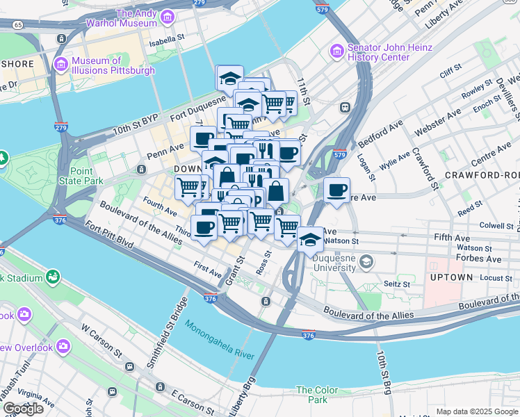 map of restaurants, bars, coffee shops, grocery stores, and more near 501 Grant Street in Pittsburgh