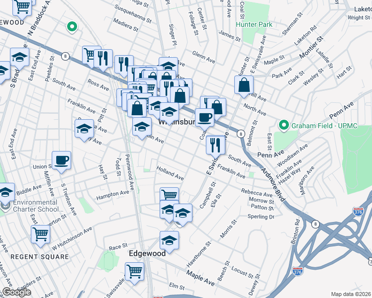 map of restaurants, bars, coffee shops, grocery stores, and more near 925 Franklin Avenue in Pittsburgh