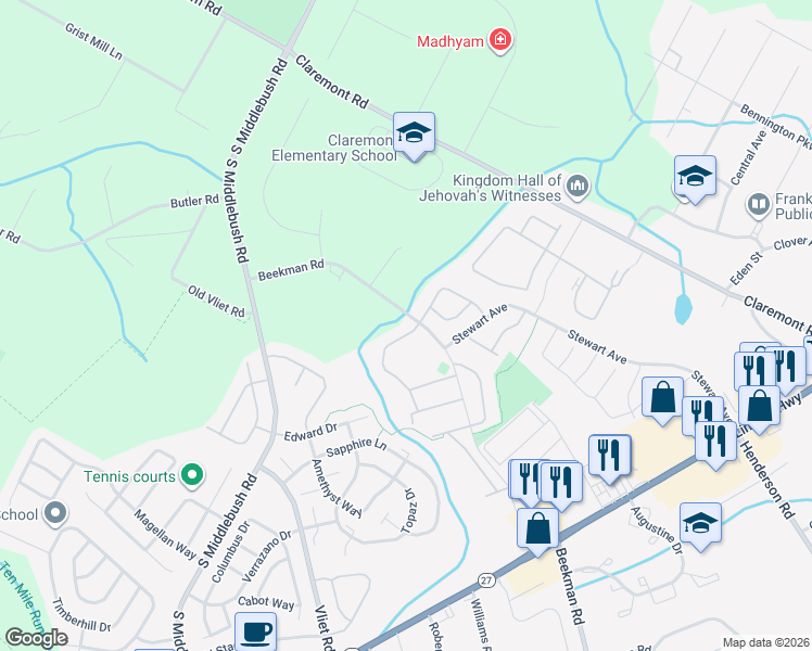 map of restaurants, bars, coffee shops, grocery stores, and more near 227 Lindsey Court in Franklin Township