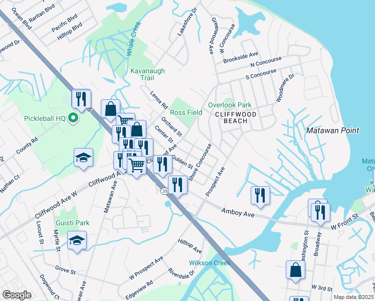 map of restaurants, bars, coffee shops, grocery stores, and more near 358 ShadyNook Street in Keyport