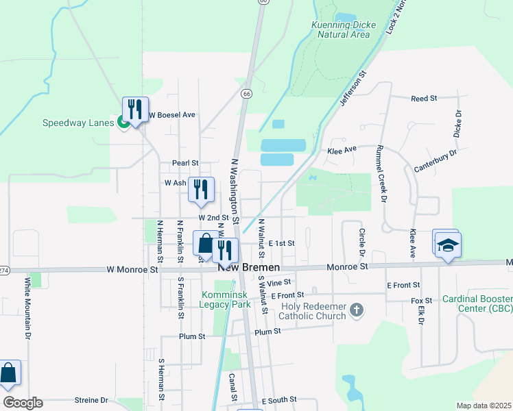 map of restaurants, bars, coffee shops, grocery stores, and more near 209 North Walnut Street in New Bremen