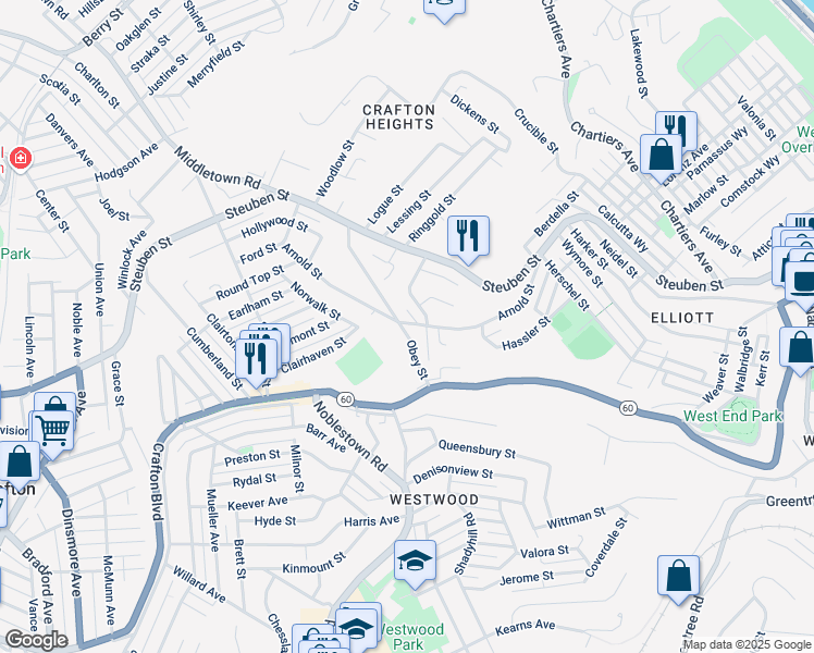 map of restaurants, bars, coffee shops, grocery stores, and more near 1460 Obey Street in Pittsburgh