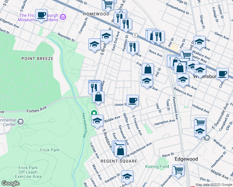 map of restaurants, bars, coffee shops, grocery stores, and more near 545 Peebles Street in Pittsburgh