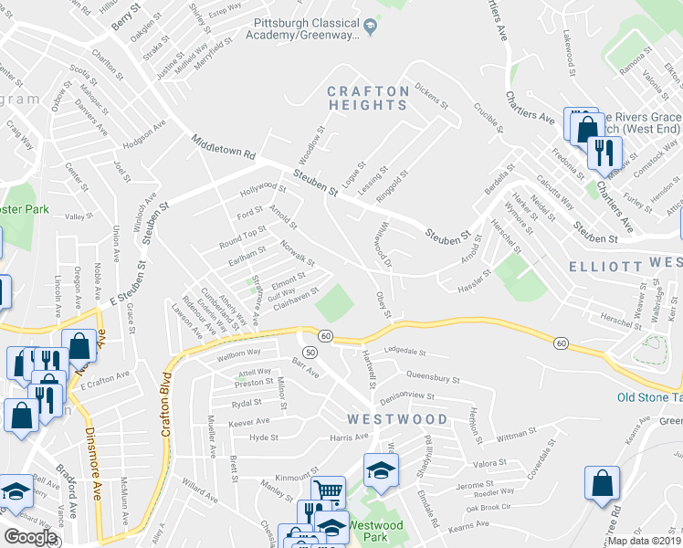 map of restaurants, bars, coffee shops, grocery stores, and more near 210 Clairhaven Street in Pittsburgh