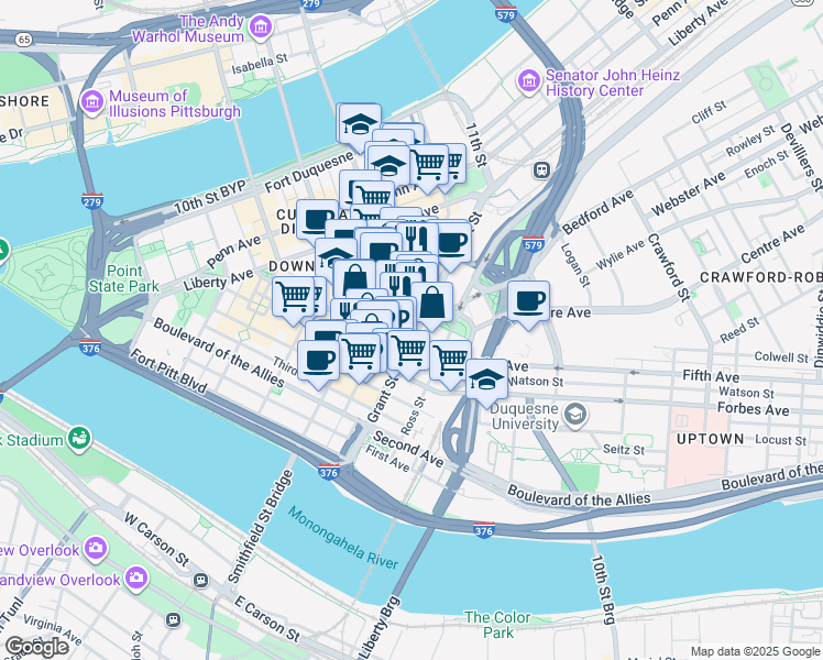 map of restaurants, bars, coffee shops, grocery stores, and more near 517 Grant Street in Pittsburgh