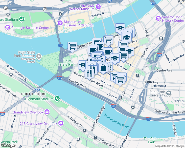 map of restaurants, bars, coffee shops, grocery stores, and more near 1 PPG Pl in Pittsburgh