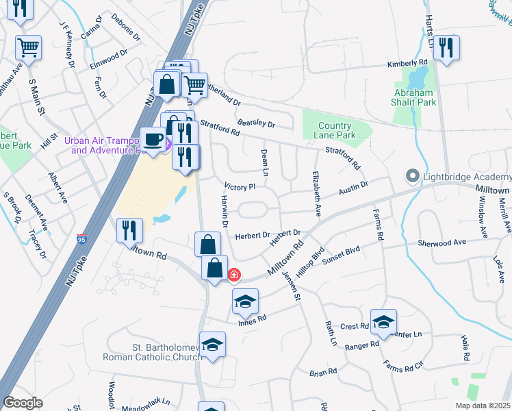 map of restaurants, bars, coffee shops, grocery stores, and more near 41 Nelson Circle in East Brunswick