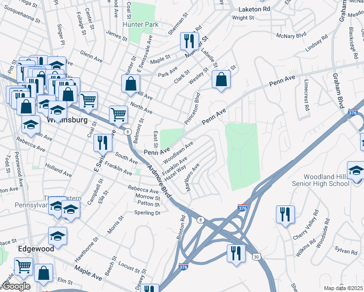 map of restaurants, bars, coffee shops, grocery stores, and more near 1349 Woodlawn Avenue in Pittsburgh