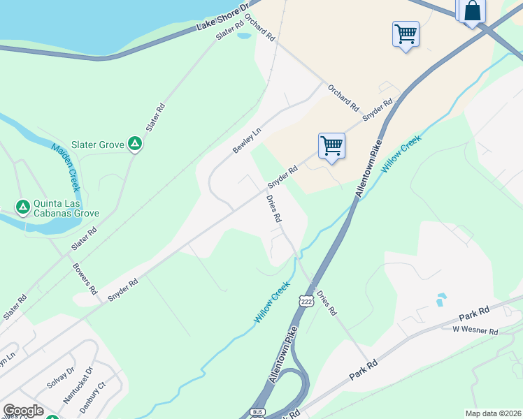 map of restaurants, bars, coffee shops, grocery stores, and more near 130 Dries Road in Reading