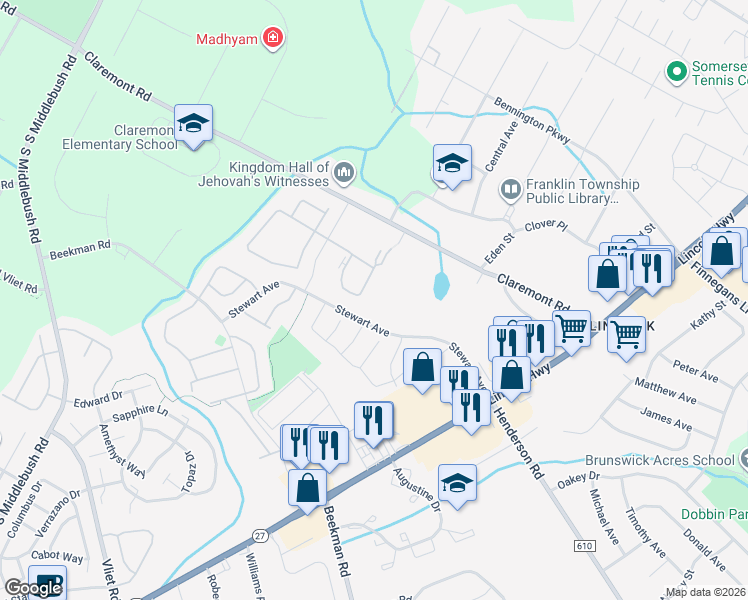map of restaurants, bars, coffee shops, grocery stores, and more near 43 Crabapple Lane in Franklin Township