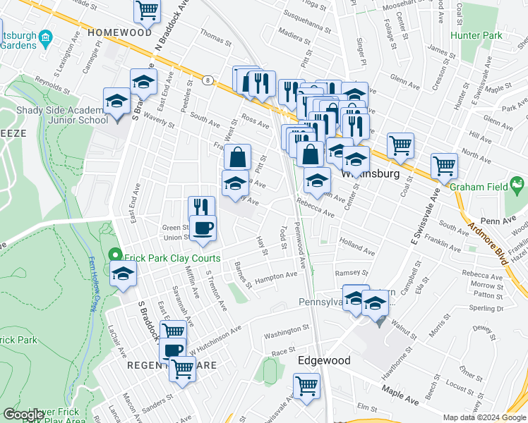 map of restaurants, bars, coffee shops, grocery stores, and more near 530 Kelly Avenue in Pittsburgh