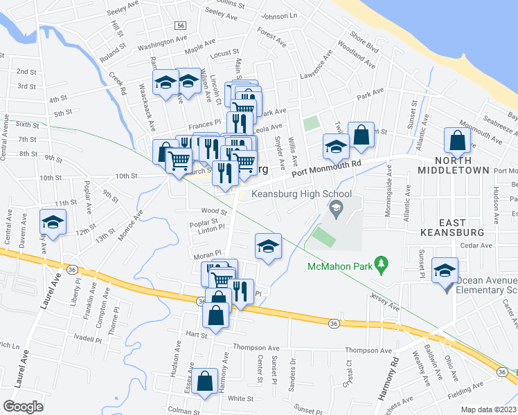 map of restaurants, bars, coffee shops, grocery stores, and more near 25 Hancock Street in Keansburg
