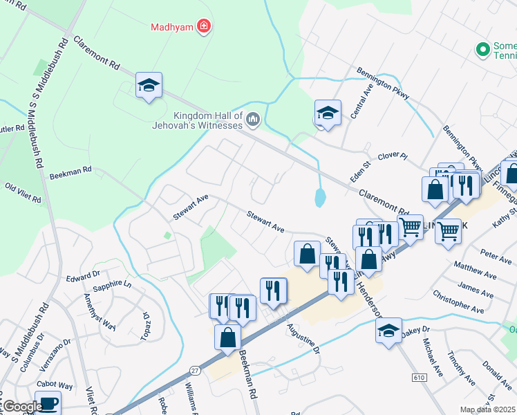 map of restaurants, bars, coffee shops, grocery stores, and more near 46 Crabapple Lane in Franklin Township