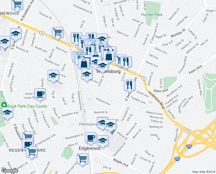 map of restaurants, bars, coffee shops, grocery stores, and more near Franklin Avenue in Pittsburgh
