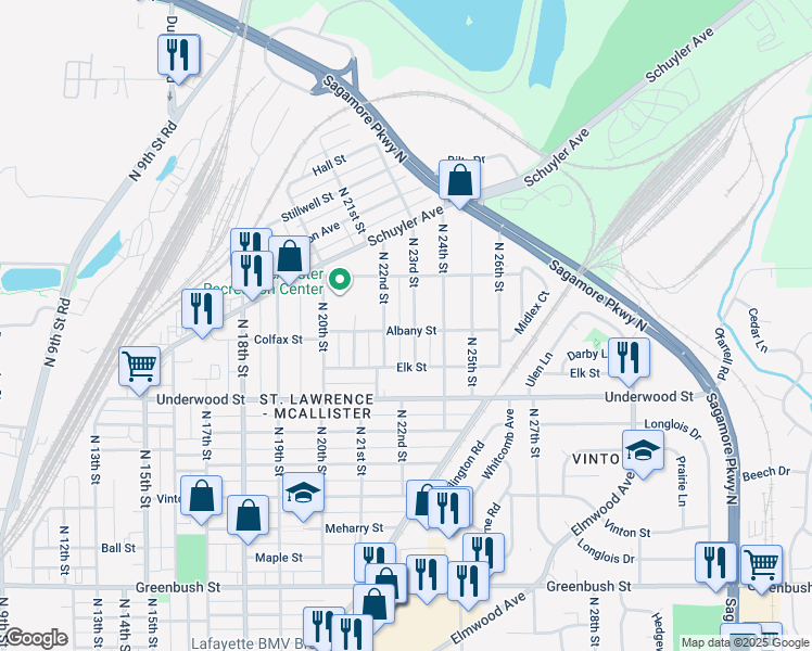 map of restaurants, bars, coffee shops, grocery stores, and more near 2300 North 23rd Street in Lafayette