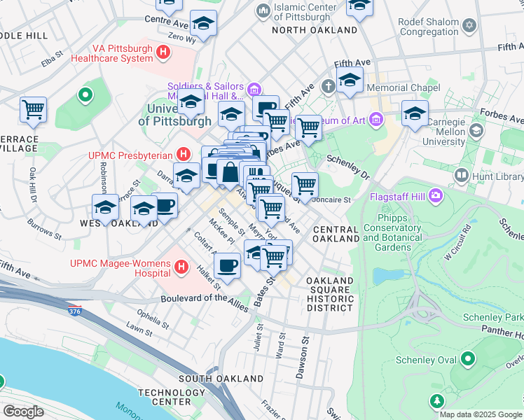 map of restaurants, bars, coffee shops, grocery stores, and more near 253 Atwood Street in Pittsburgh