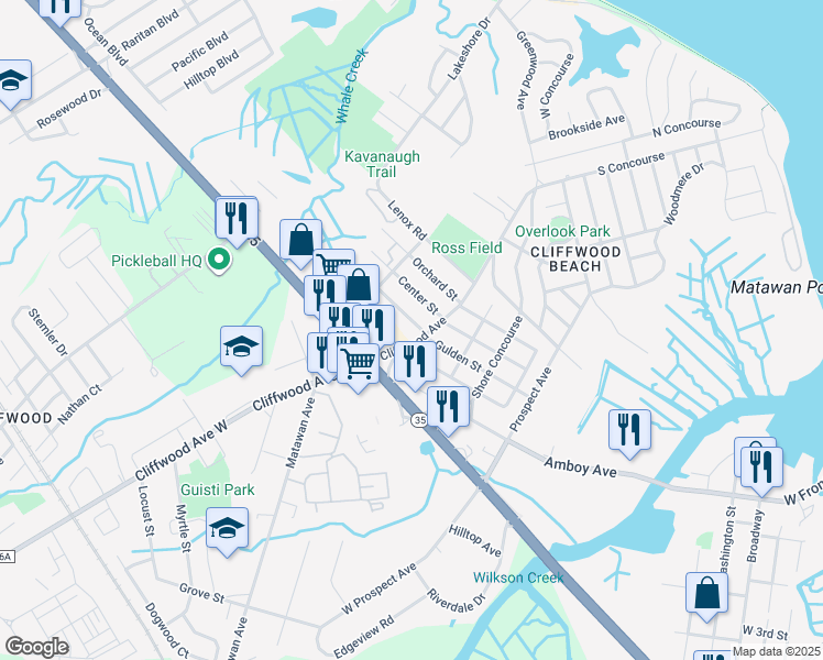 map of restaurants, bars, coffee shops, grocery stores, and more near 243 Raritan Street in Keyport