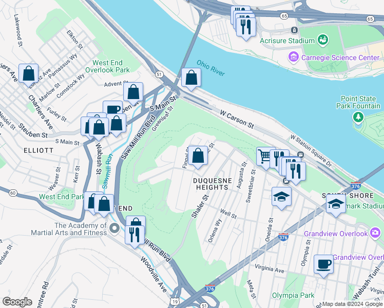 map of restaurants, bars, coffee shops, grocery stores, and more near 219 Fingal Street in Pittsburgh