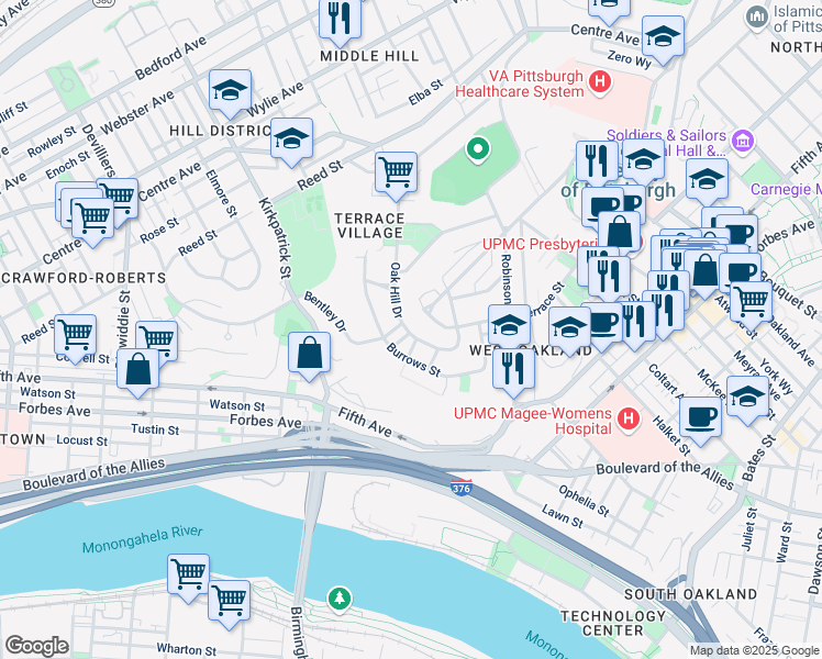 map of restaurants, bars, coffee shops, grocery stores, and more near 142 Oak Hill Drive in Pittsburgh