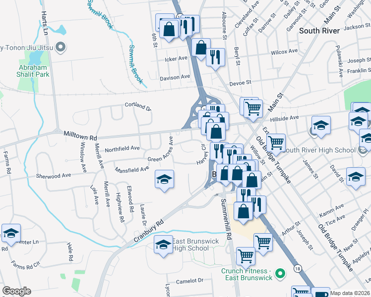 map of restaurants, bars, coffee shops, grocery stores, and more near 7 Glen Court in East Brunswick