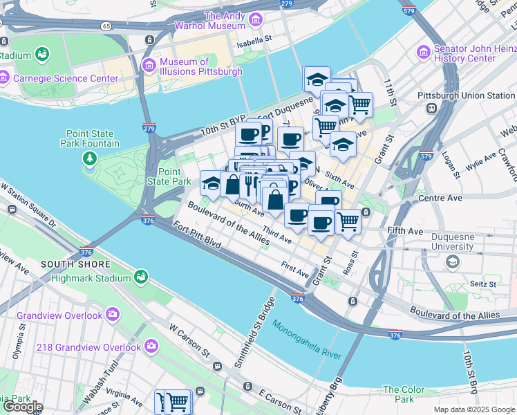 map of restaurants, bars, coffee shops, grocery stores, and more near 3 PPG Place in Pittsburgh