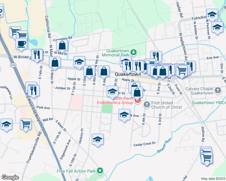 map of restaurants, bars, coffee shops, grocery stores, and more near 701 Juniper Street in Quakertown