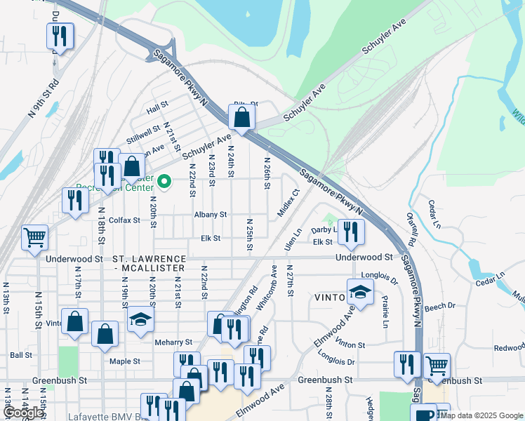 map of restaurants, bars, coffee shops, grocery stores, and more near 2300 N 26th St in Lafayette