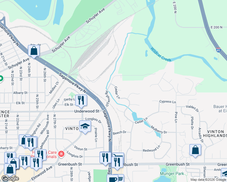 map of restaurants, bars, coffee shops, grocery stores, and more near 3109 Cedar Lane in Lafayette