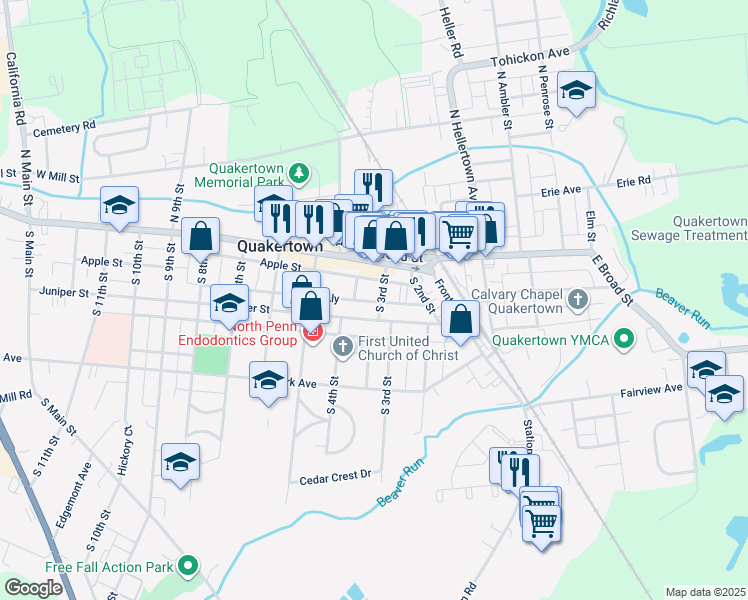 map of restaurants, bars, coffee shops, grocery stores, and more near 30 South 3rd Street in Quakertown