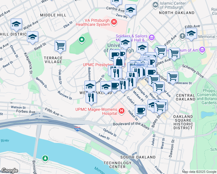 map of restaurants, bars, coffee shops, grocery stores, and more near 149 Chesterfield Road in Pittsburgh