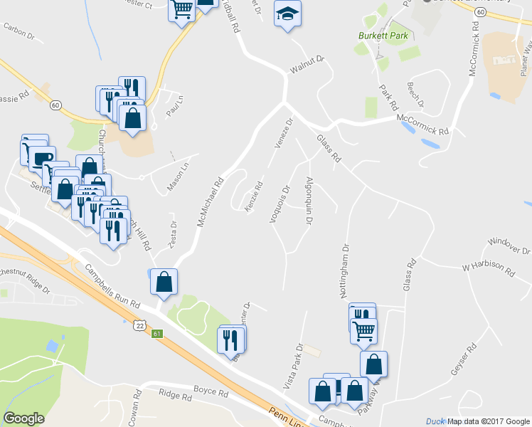 map of restaurants, bars, coffee shops, grocery stores, and more near 1422 Iroquois Dr in Pittsburgh