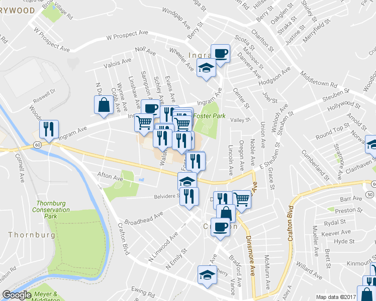 map of restaurants, bars, coffee shops, grocery stores, and more near 40 Foster Avenue in Crafton