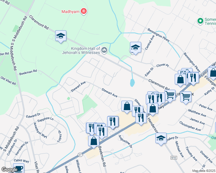 map of restaurants, bars, coffee shops, grocery stores, and more near 43 Crabapple Lane in Franklin Township