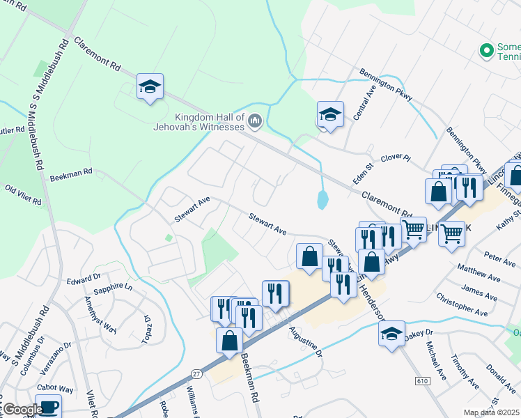 map of restaurants, bars, coffee shops, grocery stores, and more near 43 Crabapple Lane in Franklin Township